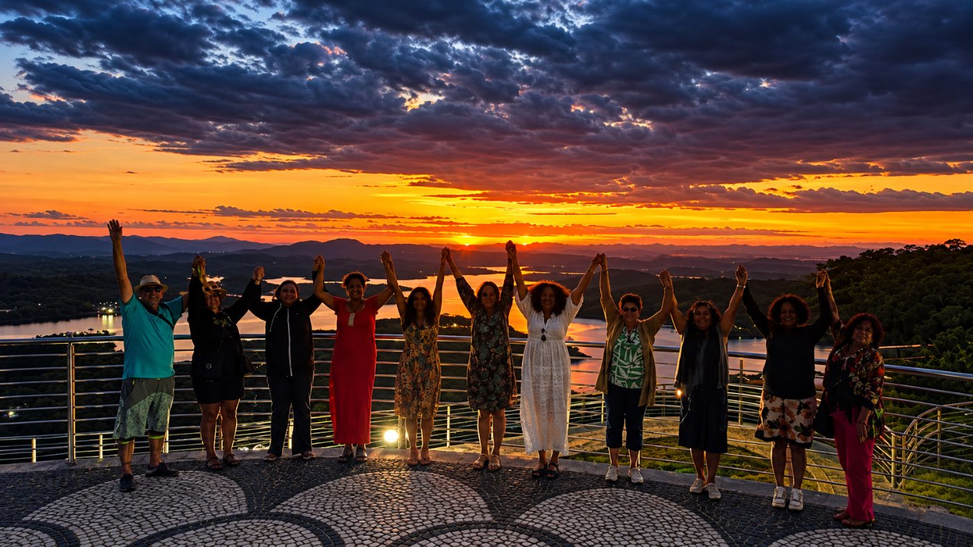 Grupo de viajantes de mãos dadas erguidas no mirante, durante o pôr do sol