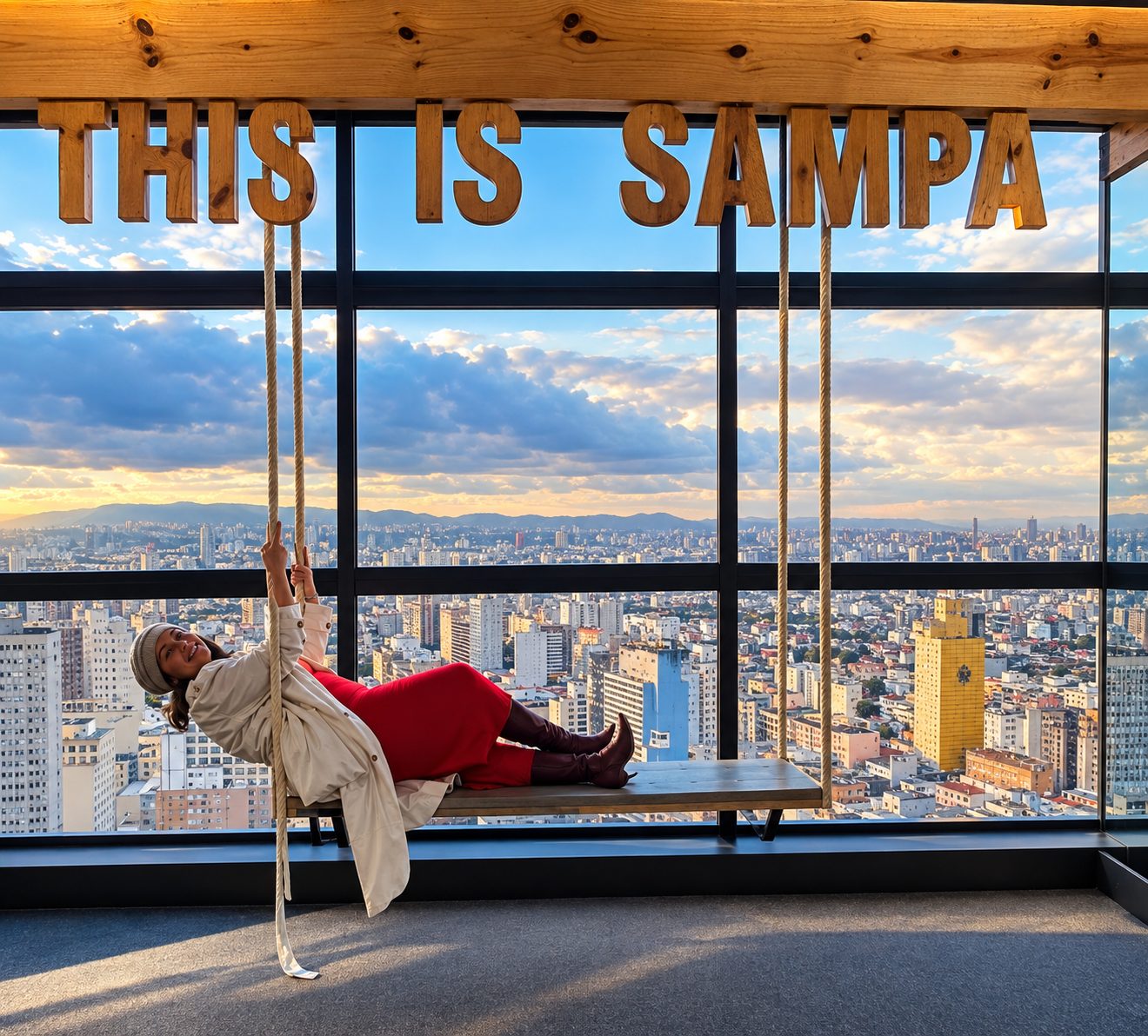 Magda deitada no balanço do Farol Santander, sob o letreiro This is Sampa, com o horizonte de São Paulo ao fundo