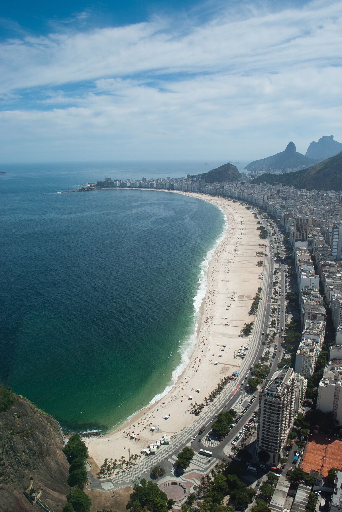 Praia de Copacabana vista do alto, com o mar verde e a orla